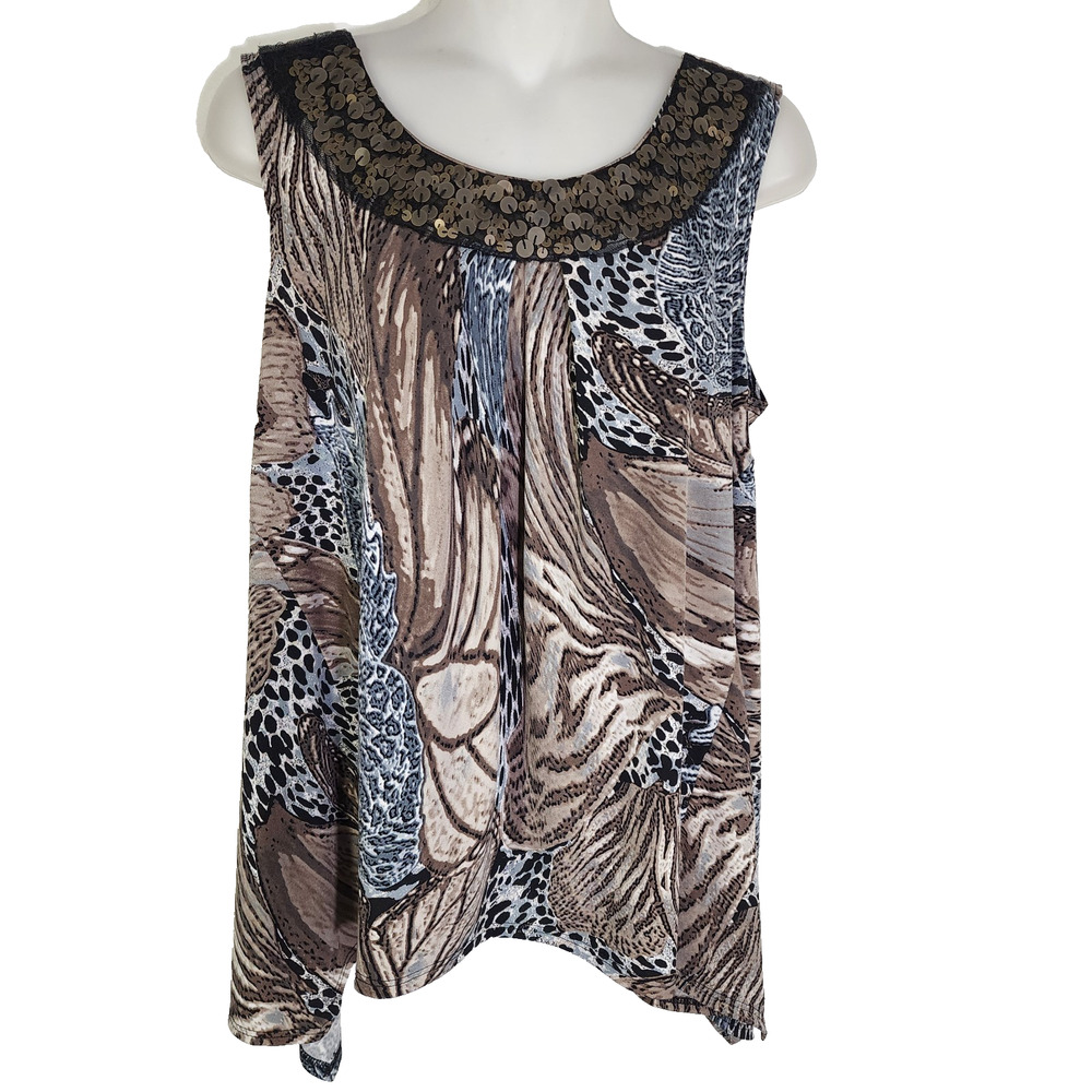 Notations Women's Top Medium Animal Print Sleeveless Sequin Round Neck Sharkbite